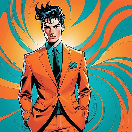 Stylish Man in Orange Suit with Dynamic Comic Book Background