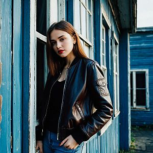 Young Woman in Leather Jacket Against Blue Building