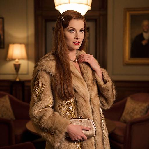 Elegant Woman in Vintage Fur Coat Holding Clutch in Luxurious Setting