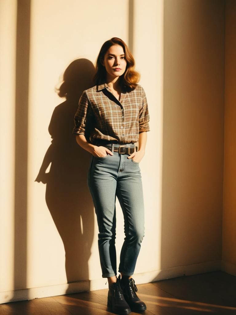 Woman in Casual Gray Plaid Flannel Shirt and Fitted Jeans with Ankle Boots