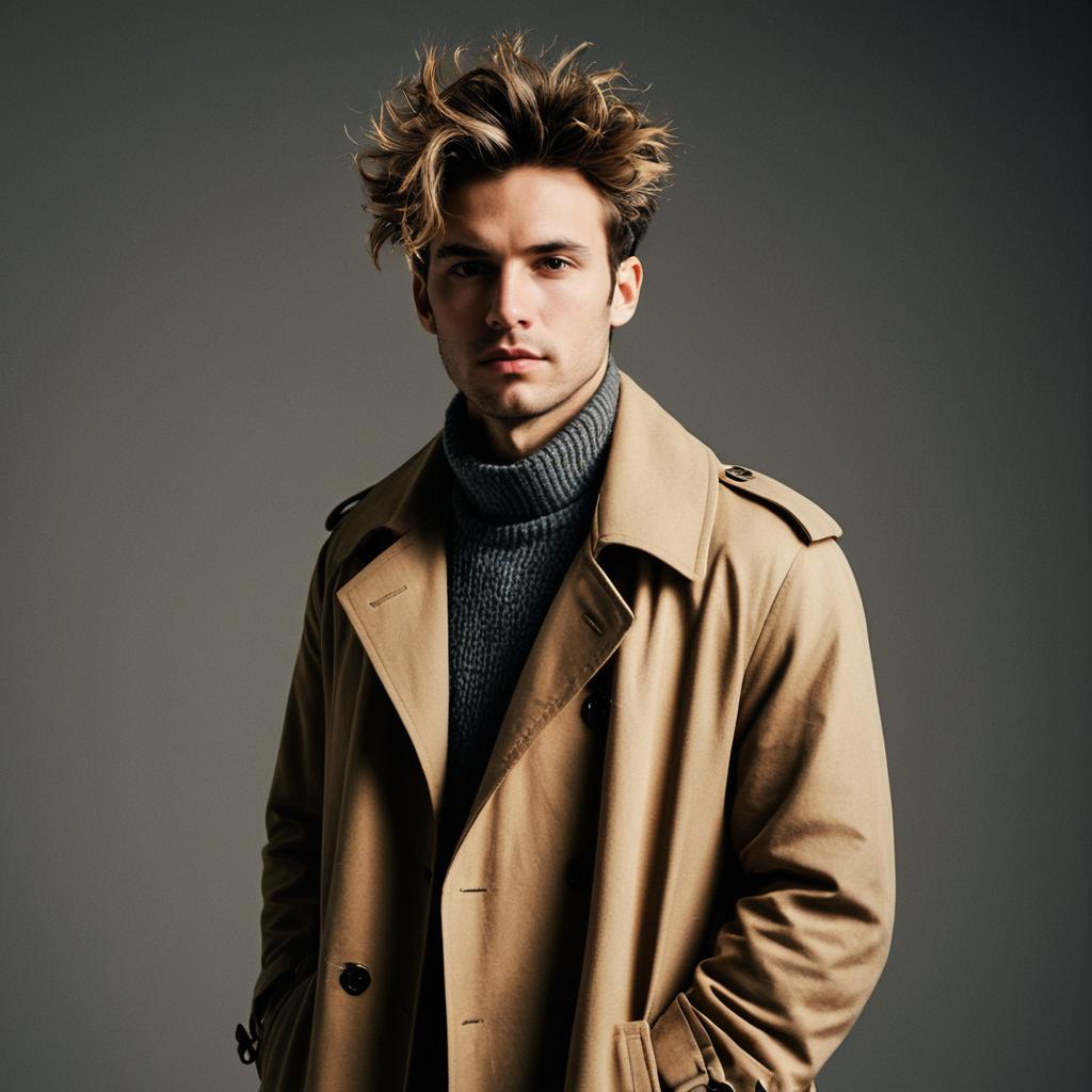 Confident Young Man in Beige Trench Coat