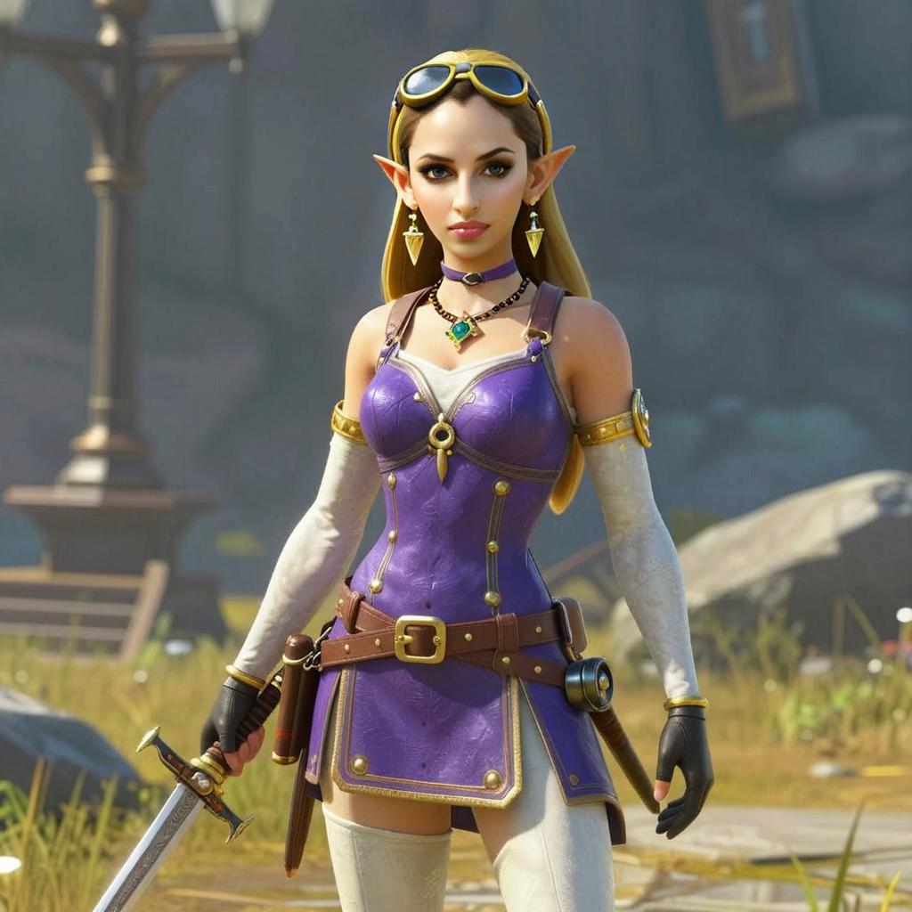 Fantasy Elf Woman Warrior in Purple Leather Outfit Holding Sword