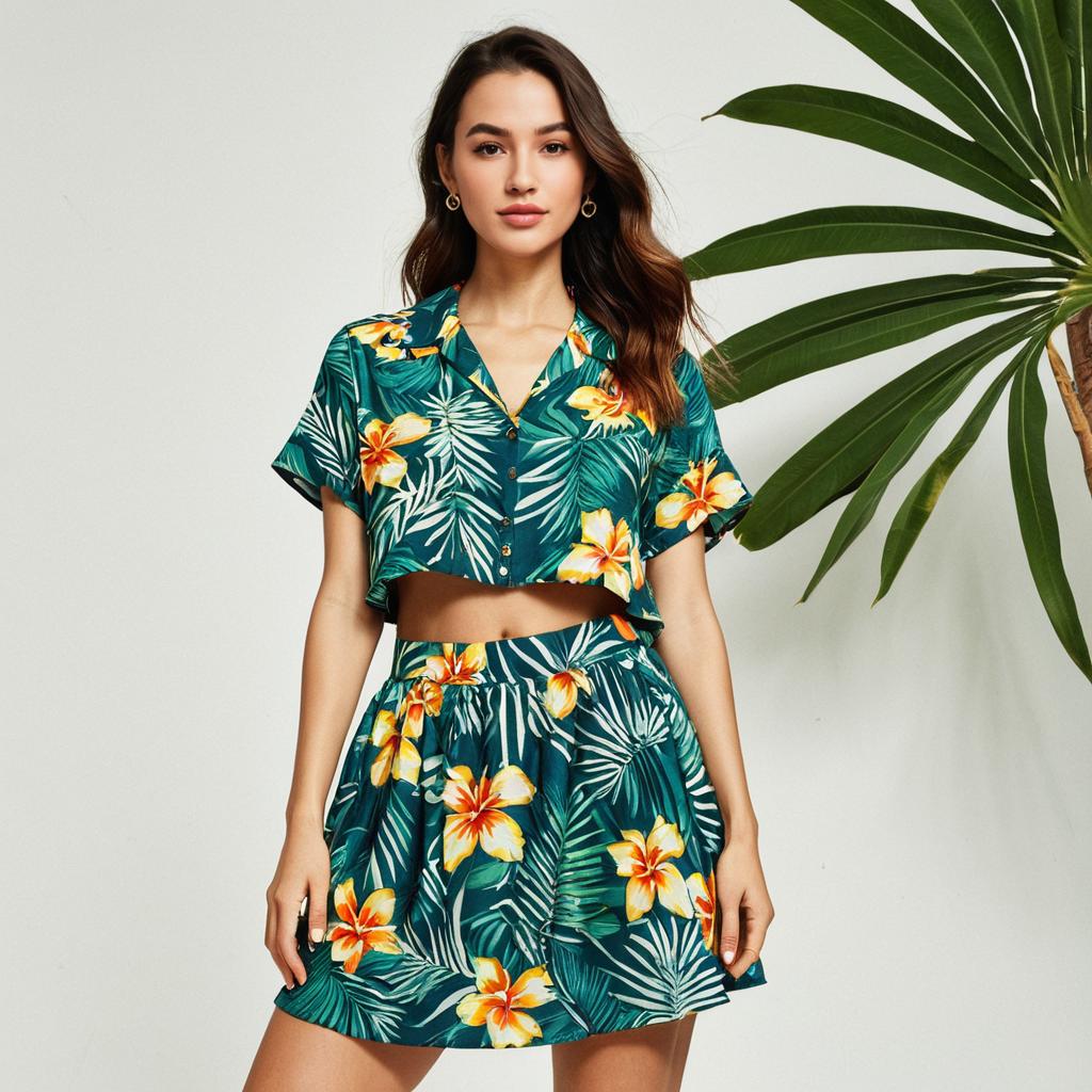 Tropical Floral Two-Piece Crop Top and Skirt Outfit Worn by Woman