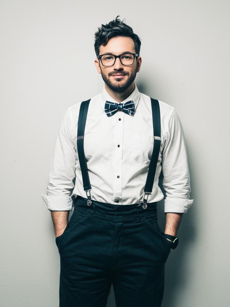 Man in Nerd Costume Full Body Cosplay Photo with Glasses and Suspenders