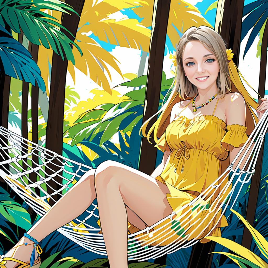 Anime Woman in Hammock Surrounded by Tropical Foliage