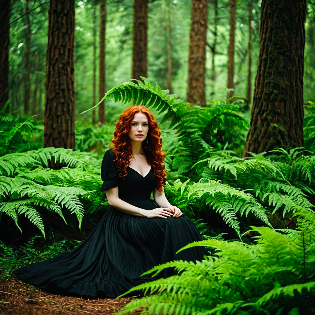 Woman with Red Hair in Black Dress Among Ferns