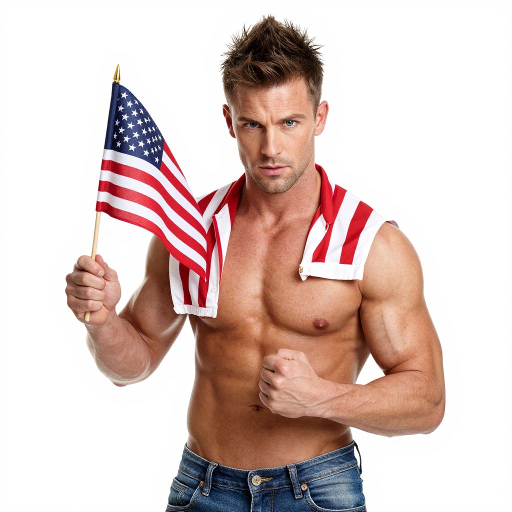 Shirtless Muscular Man Holding American Flag with Patriotic Style