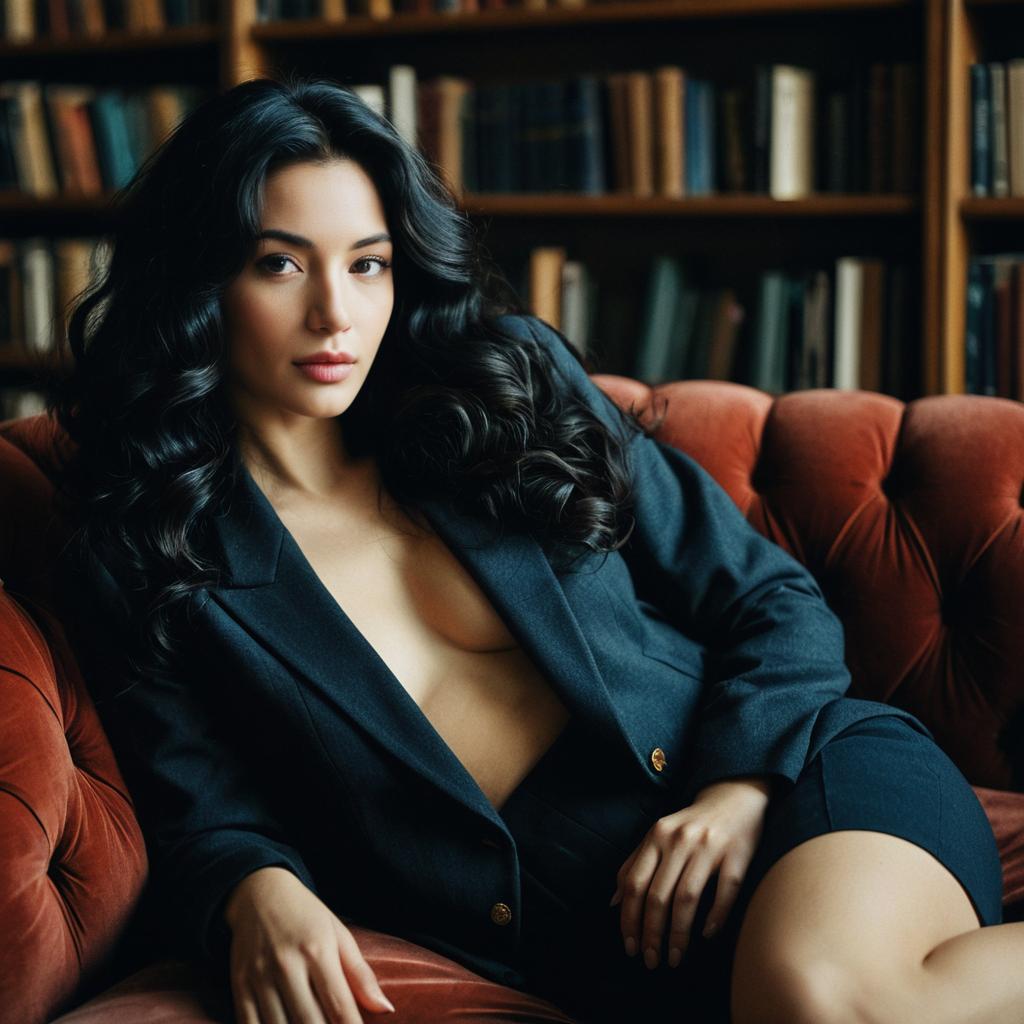 Confident Woman on Rust-Colored Sofa in Library