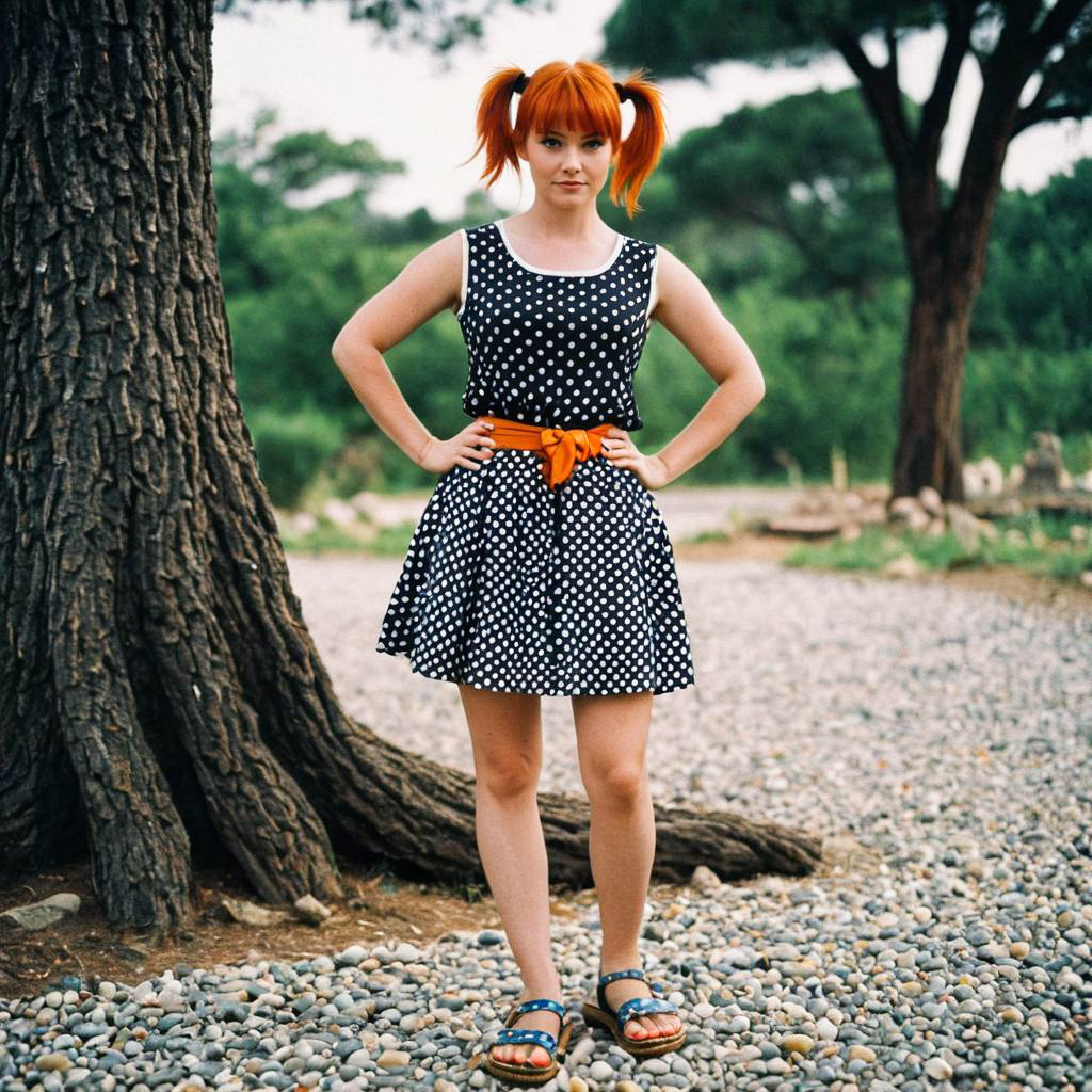 Young Woman with Orange Ponytails in Polka Dot Dress Young Woman with Orange Ponytails in Polka Dot Dress