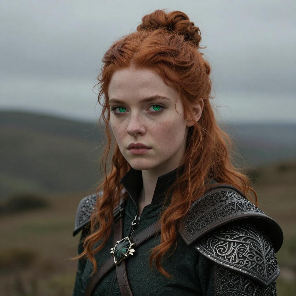 Red-Haired Woman in Detailed Medieval Armor with Green Eyes