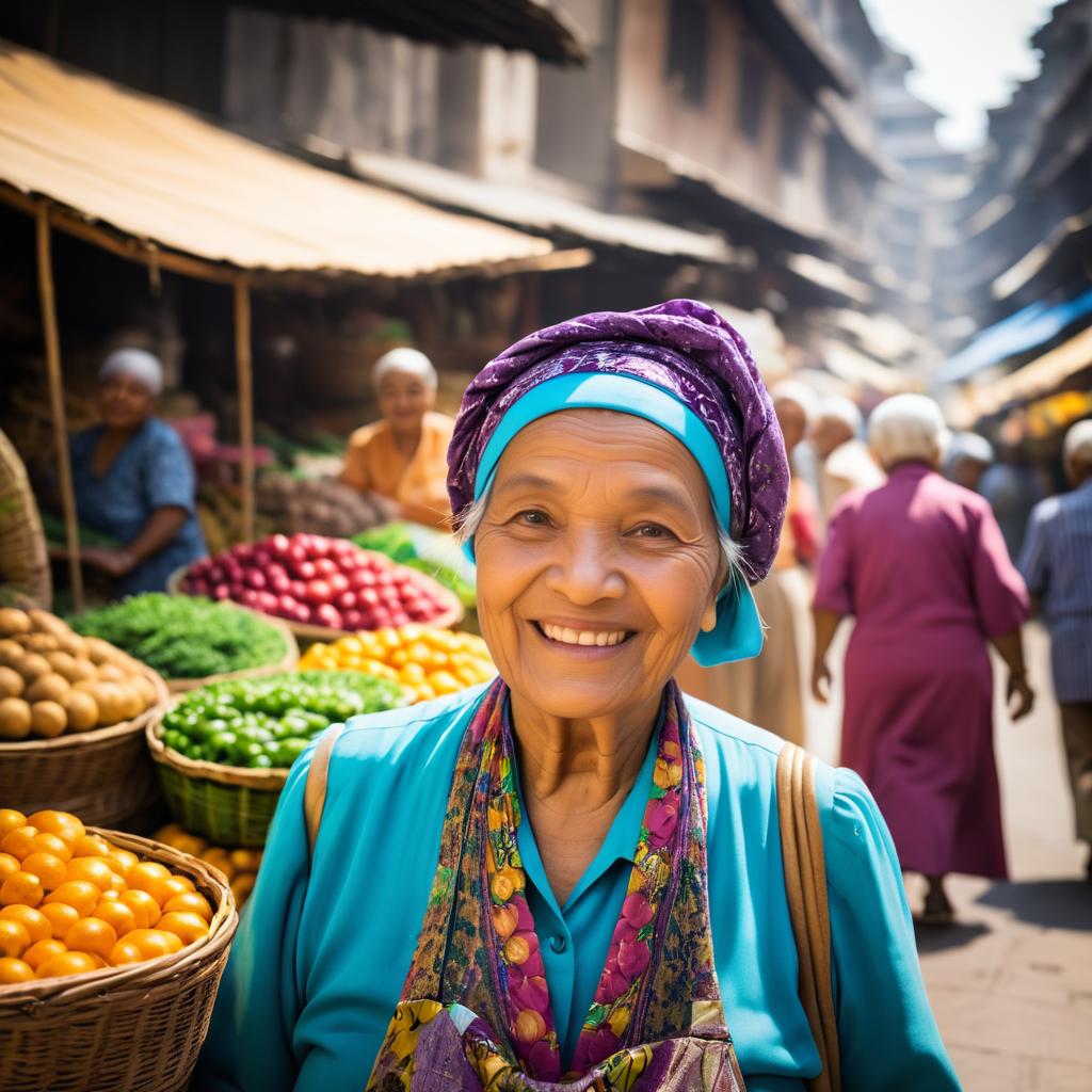 Joyful Elderly Woman with Oranges in Vibrant Marketplace