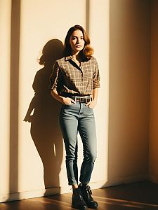 Woman in Casual Gray Plaid Flannel Shirt and Fitted Jeans with Ankle Boots