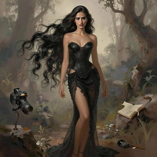 Elegant Woman in Black Corset Dress in Mystical Forest with Camera and Book
