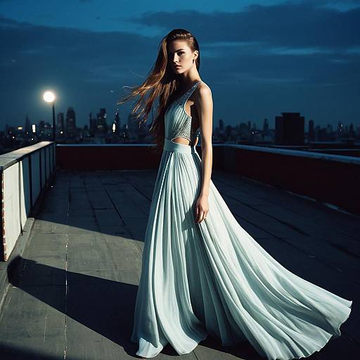 Elegant Woman in Flowing Blue Gown on Rooftop at Dusk