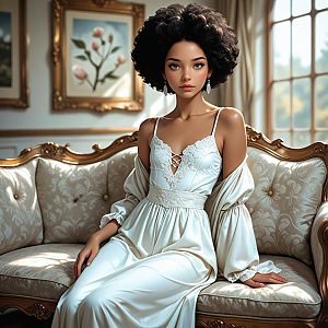 Elegant Woman on Vintage Sofa in White Dress