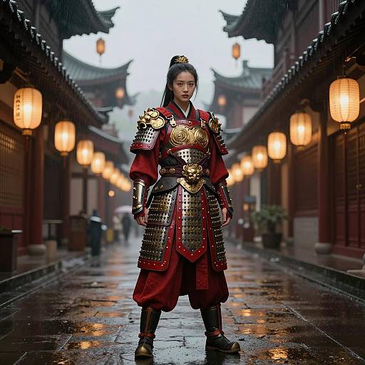 Young Woman in Traditional Samurai Armor on Lantern-Lit Historical Street