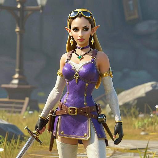 Fantasy Elf Woman Warrior in Purple Leather Outfit Holding Sword
