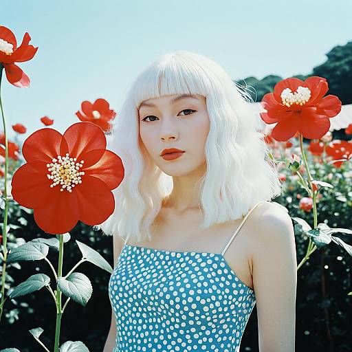 Woman with White Hair in Blue Polka-Dot Dress Among Red Flowers