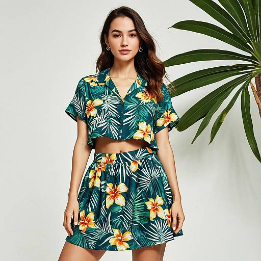 Tropical Floral Two-Piece Crop Top and Skirt Outfit Worn by Woman