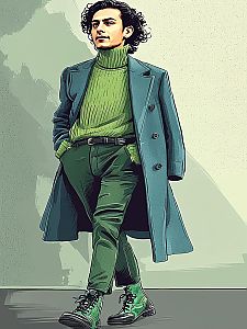 Stylish Man in Green Turtleneck and Teal Overcoat