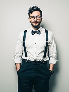Man in Nerd Costume Full Body Cosplay Photo with Glasses and Suspenders