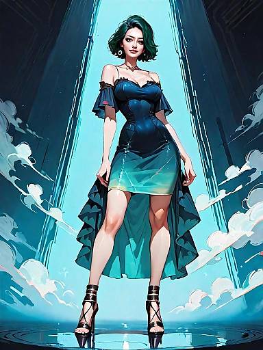 Dark Fantasy Full-Body Portrait of Woman in Elegant Teal Dress