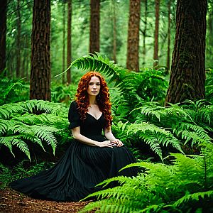 Woman with Red Hair in Black Dress Among Ferns