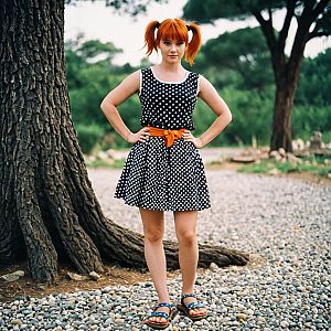 Young Woman with Orange Ponytails in Polka Dot Dress