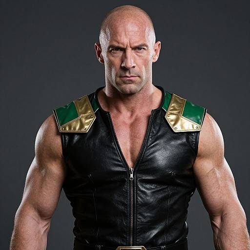 Muscular Bald Man in Black Leather Vest with Green Gold Accents