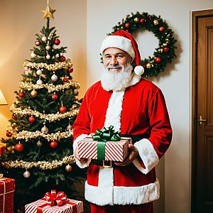 Santa Claus Holding Christmas Gift Near Decorated Christmas Tree