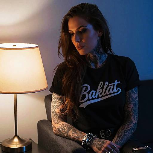Tattooed Woman in Black Baklat T-Shirt Sitting by Lamp