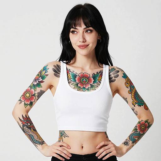Confident Woman with Colorful Traditional Tattoos in White Crop Top