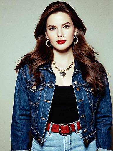 Realistic Portrait of Woman in Denim Jacket with Jewelry and Red Belt