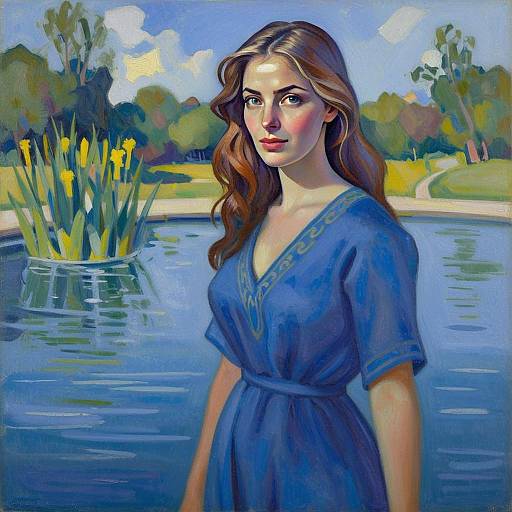 Portrait of Woman in Blue Dress by Pond with Yellow Flowers