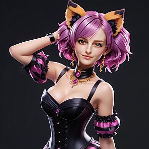 Confident Woman with Purple Hair and Cat Ears