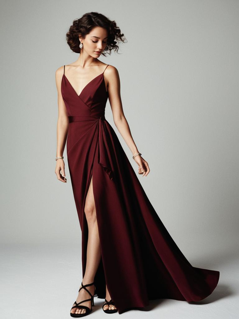 Woman in Elegant Burgundy Floor-Length Evening Gown with High Slit