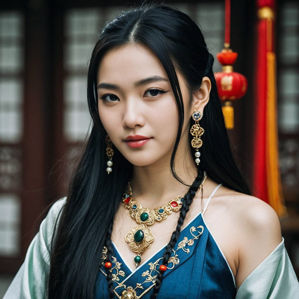 Elegant Woman in Blue Traditional Outfit with Gold Jewelry