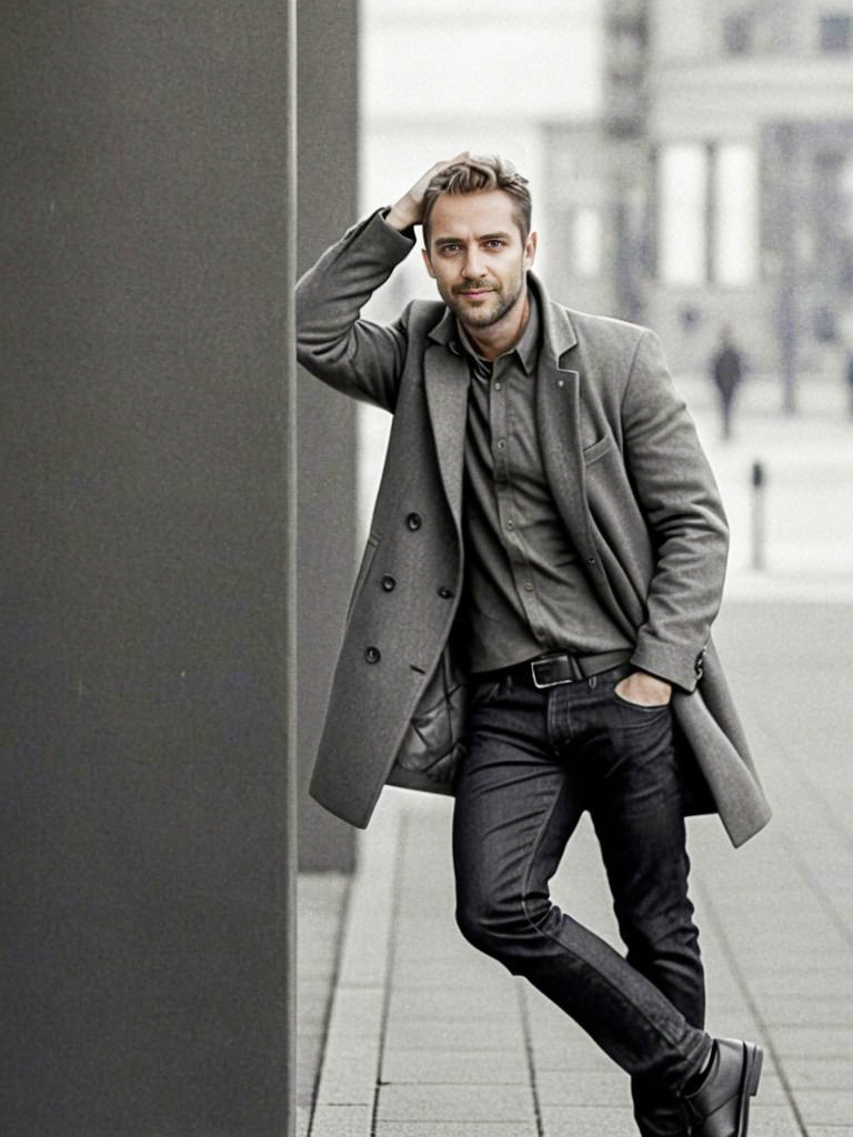 Stylish Man in Gray Coat Against Modern Architecture