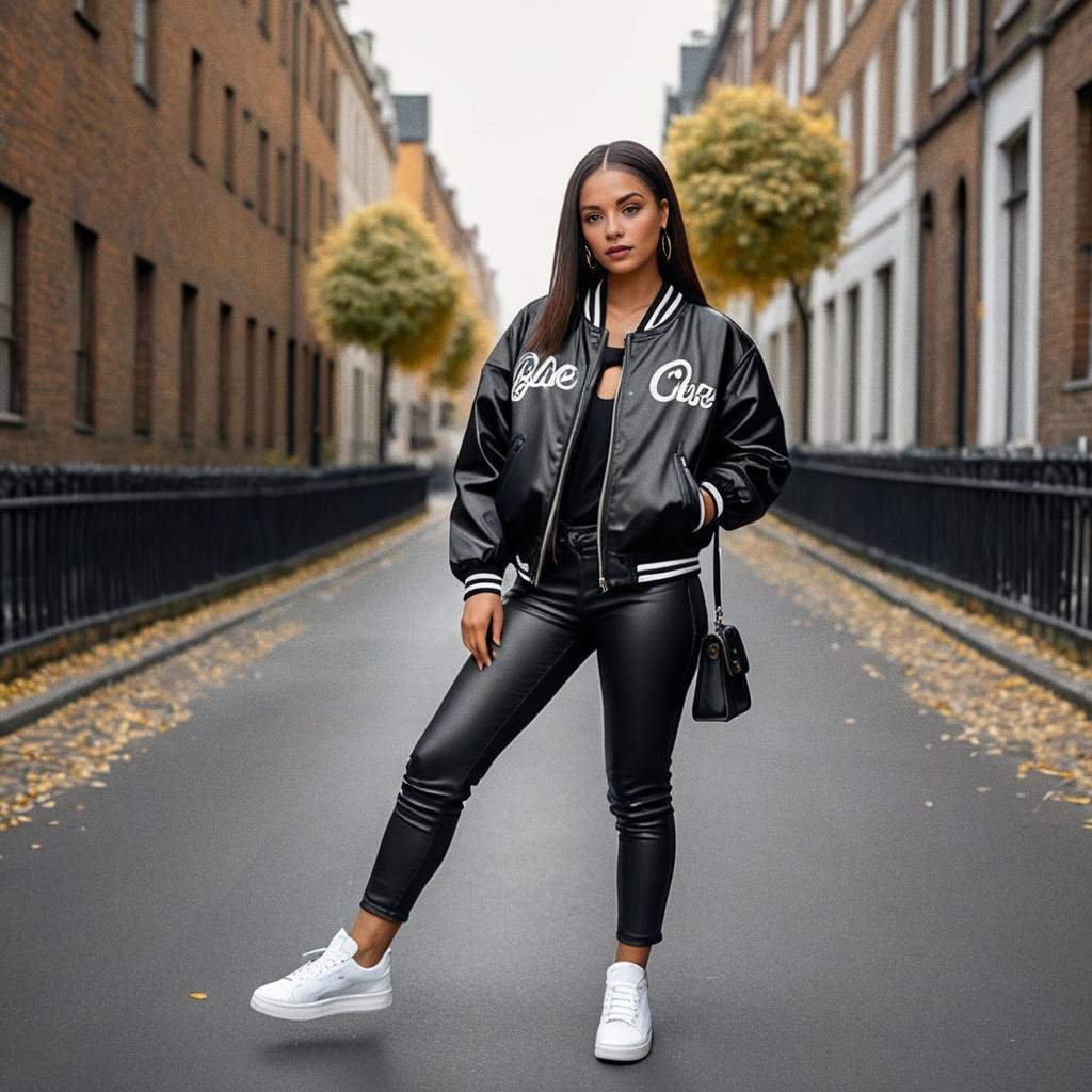 Confident Young Woman in Trendy Varsity Jacket