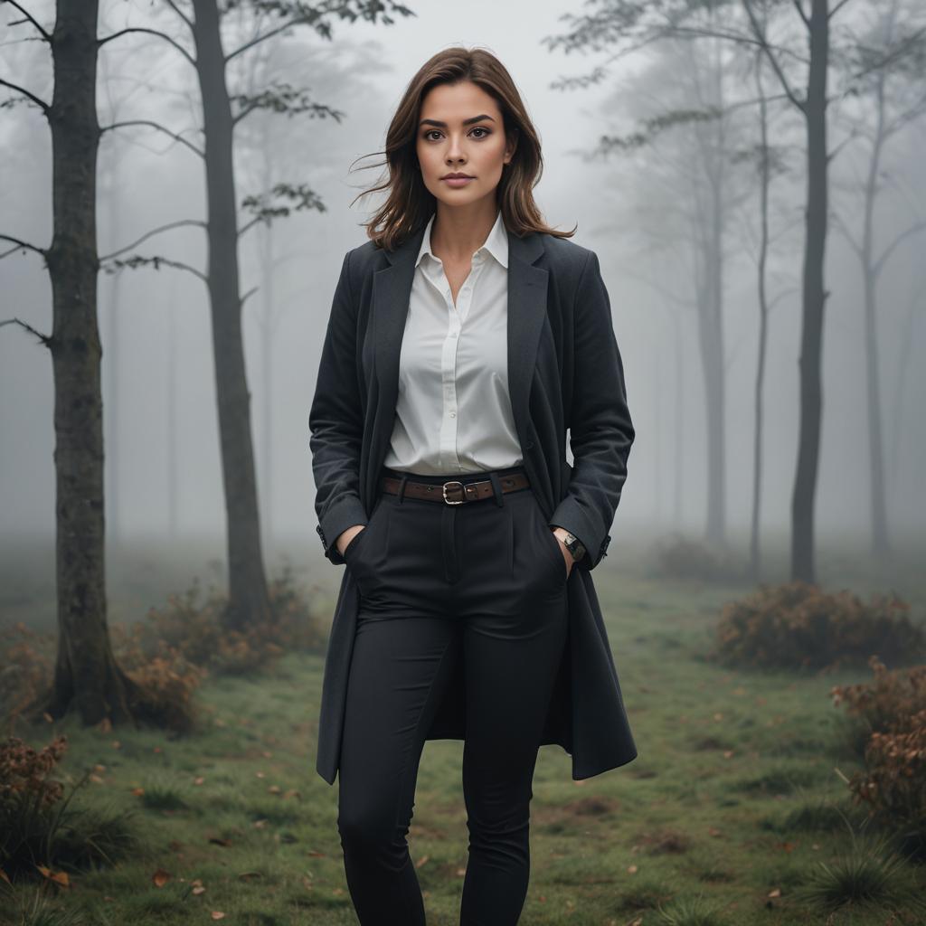 Confident Woman in Gray Suit in Misty Forest