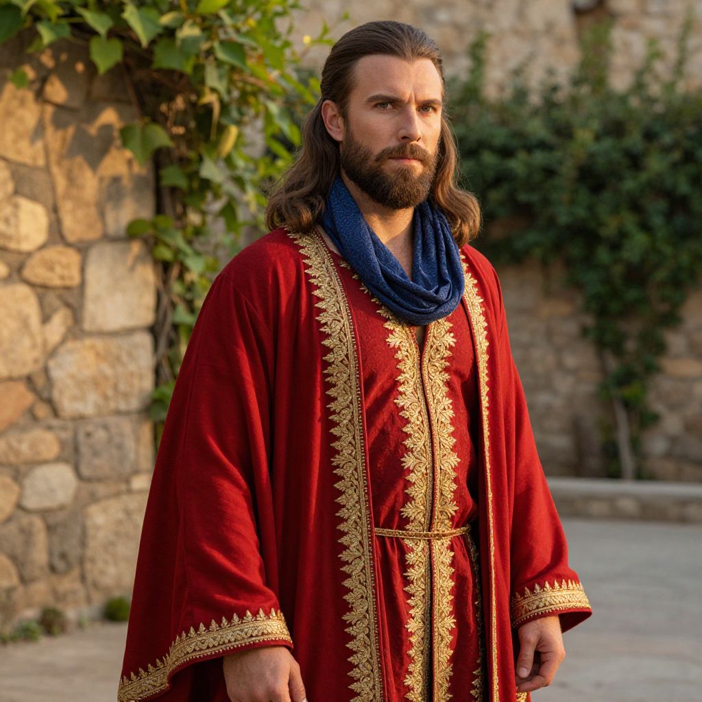 Man in Traditional Embroidered Red Robe with Blue Scarf Outdoors