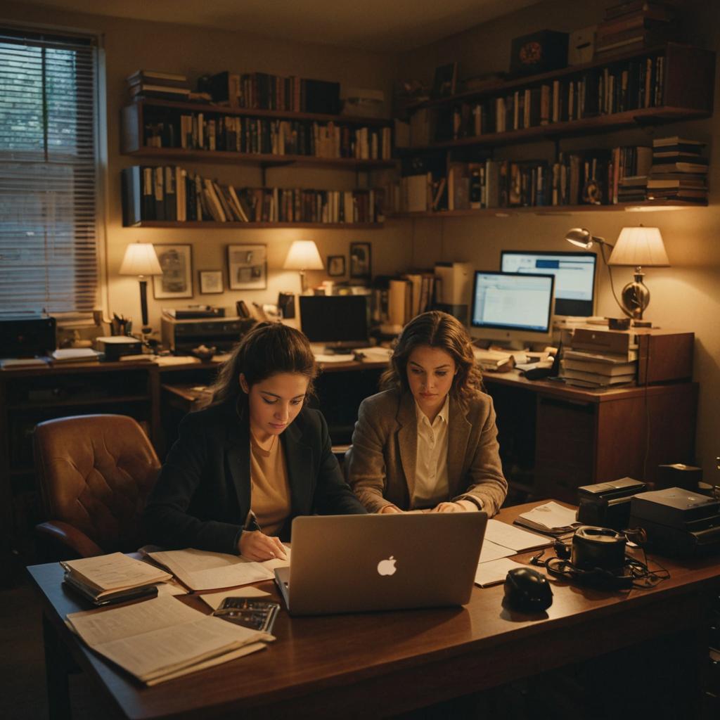 Couple Collaborating at Dimly Lit Desk