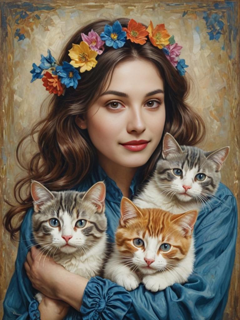 Serene Woman with Kittens and Floral Headband