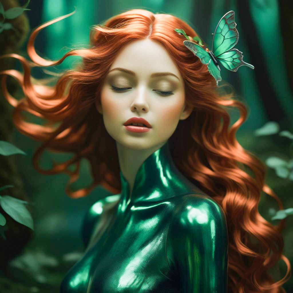 Woman with Red Hair and Butterfly in Green Nature