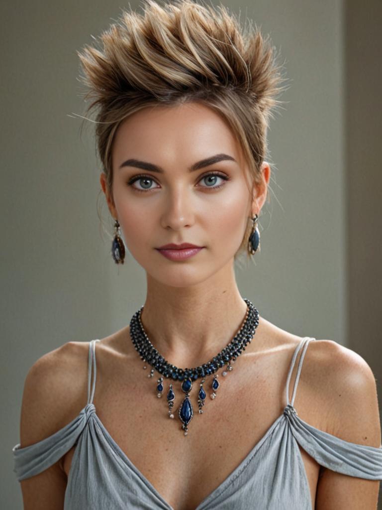 Elegant Woman in Gray Dress with Blue and Silver Jewelry