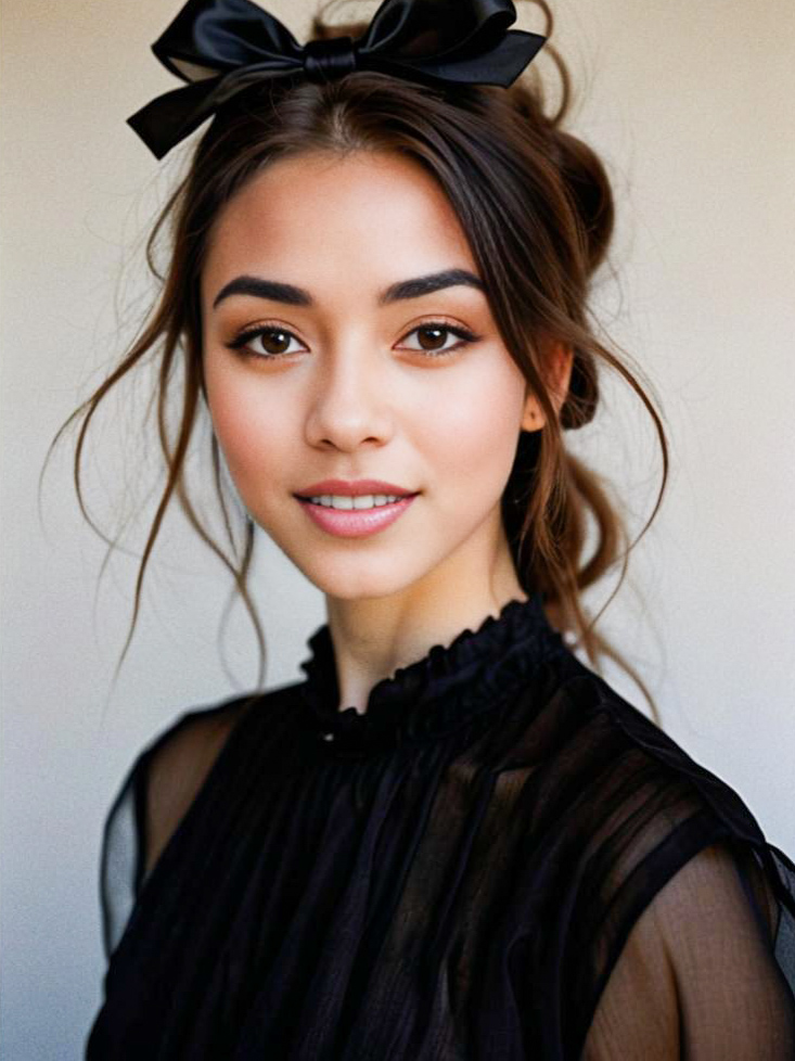 Elegant Woman in Black Blouse with Chic Bow