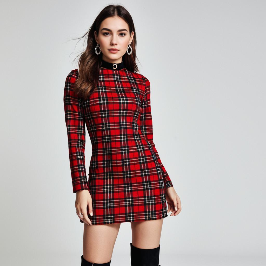 Contemporary Chic Woman in Red Tartan Form-Fitting Mini Dress