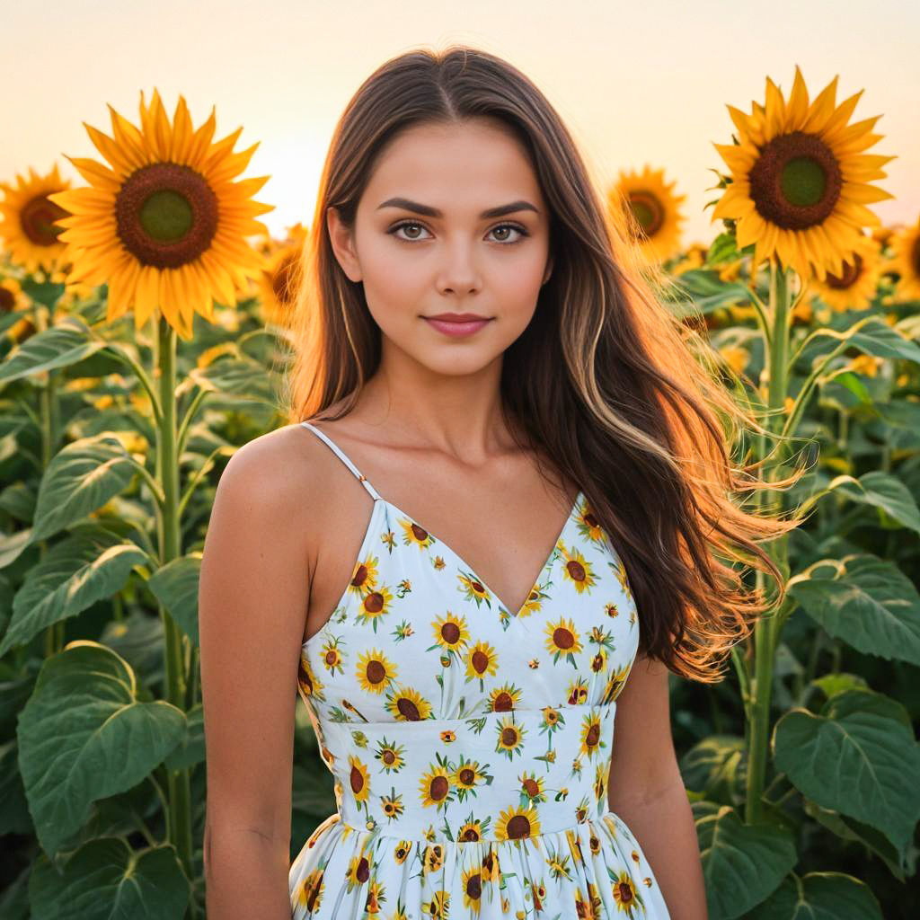 Young Woman in Sunflower Field at Golden Hour