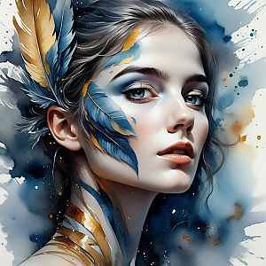 Ethereal Woman Portrait with Feather Makeup