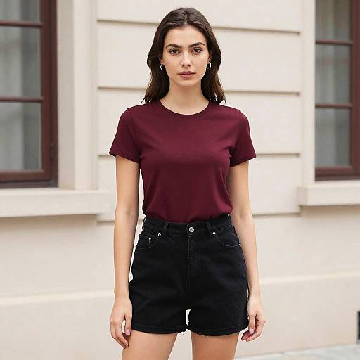 Woman Wearing Burgundy Top and Black High Waist Shorts Outdoors